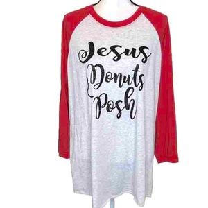 JESUS POSH & DONUTS HEATHER GRAY WITH RED SLEEVES RAGLAN TEE SHIRT TOP SPARKLE